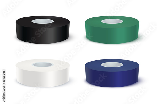Black, green, blue, white adhesive tape rolls set. Sticky duct paper rolled up vector illustration. Realistic plastic packaging colourful tool collection on white background