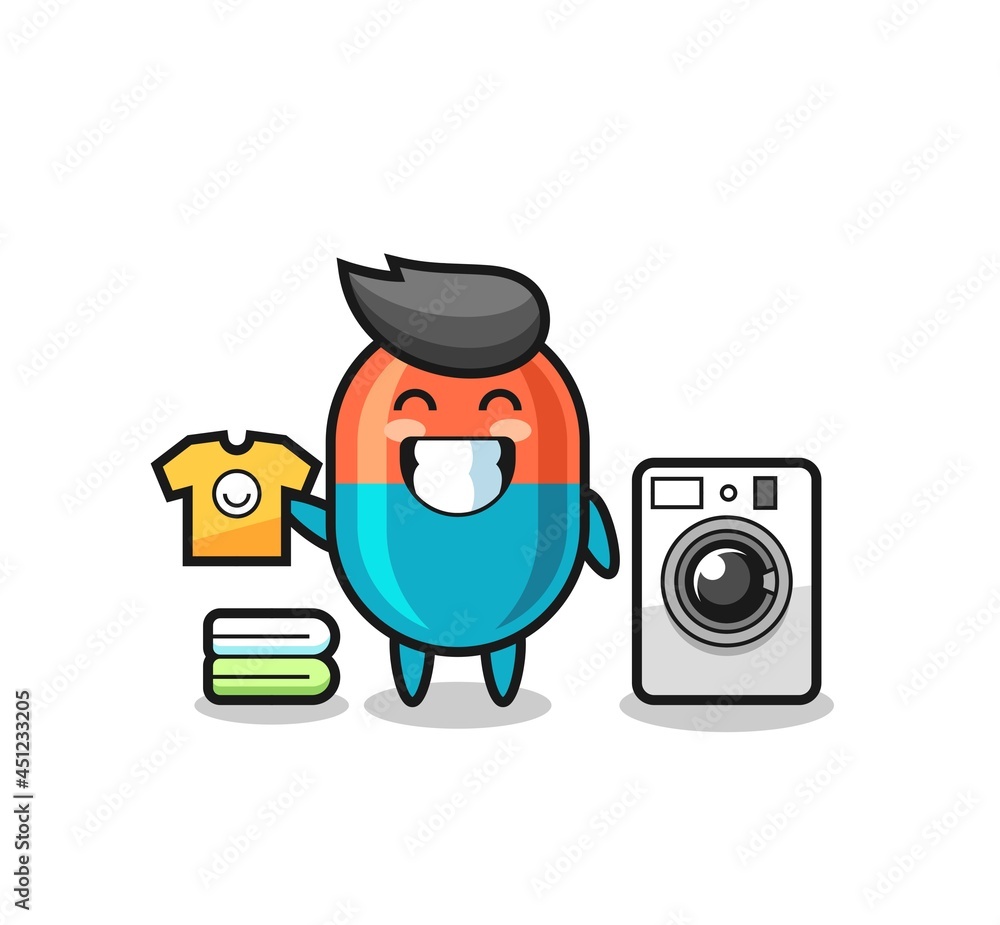 Mascot cartoon of capsule with washing machine Mascot cartoon of capsule with washing machine
