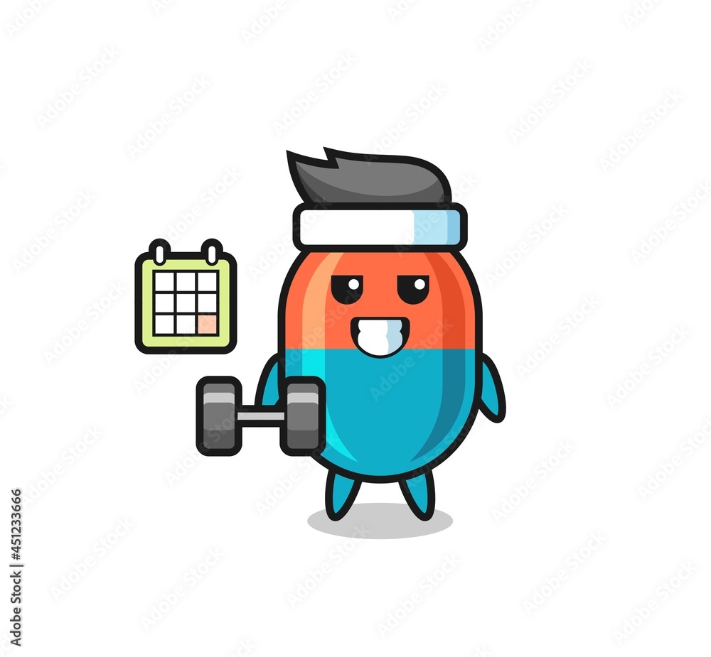 capsule mascot cartoon doing fitness with dumbbell
