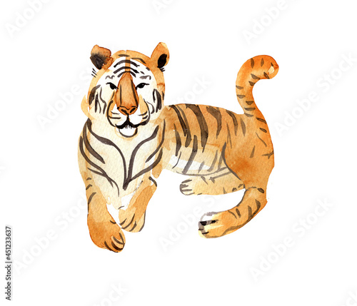 Fototapeta Naklejka Na Ścianę i Meble -  Watercolor illustration, orange tiger, animal art, isolated illustration on a white background, ideal for postcards,clipart, Christmas design, a symbol of the new year