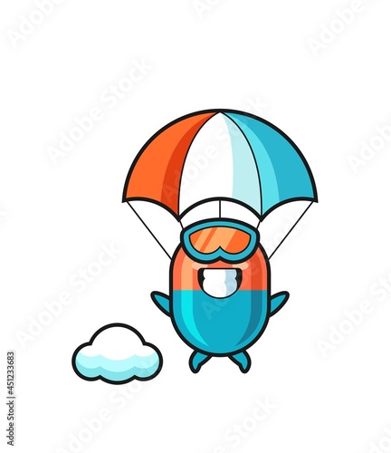 capsule mascot cartoon is skydiving with happy gesture
