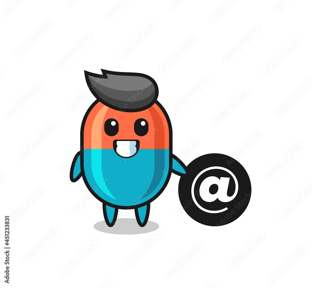 Cartoon Illustration of capsule standing beside the At symbol Cartoon Illustration of capsule standing beside the At symbol