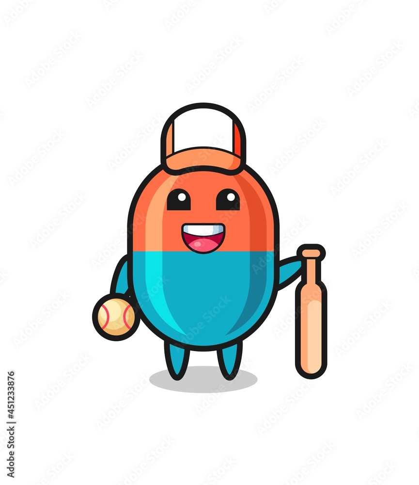 Cartoon character of capsule as a baseball player