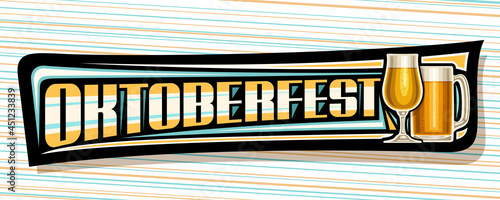 Vector banner for Oktoberfest, dark decorative sign board with illustration of full snifter glass and beer mug, add voucher with unique brush lettering for word oktoberfest on blue striped background.