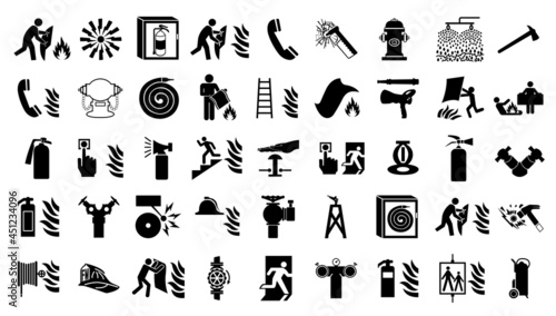 Set Of Fire Safety Collection Black Icon, Vector Illustration, Isolated On White Background Label .EPS 10