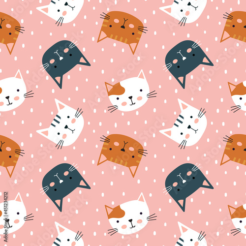 Cat seamless pattern. Cute variety of kittens. Children s characters in a simple hand-drawn naive cartoon in the Scandinavian style.