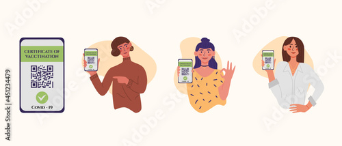 Certificate of vaccination vector flat cartoon illustration, with young womans. They showing smartphone with vaccine QR code in mobile app or screen. Covid-19 coronavirus vaccine certificate