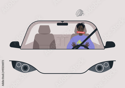 An angry male Black driver honking and swearing in their car, a windshield front view