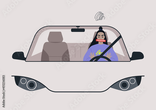 An angry female Asian driver honking and swearing in their car, a windshield front view