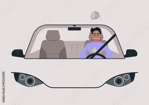 An angry male driver honking and swearing in their car, a windshield front view