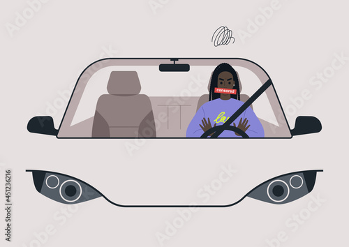 An angry female Black driver honking and swearing in their car, a windshield front view