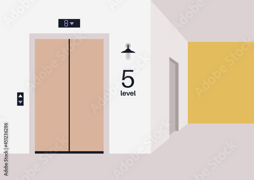 Empty elevator hall and corridor, residential building, indoors, no people