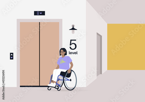 The young female character in a wheelchair waiting for the elevator, inclusion in daily life
