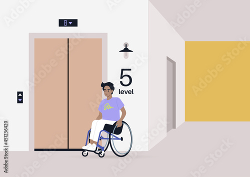 The young male character in a wheelchair waiting for the elevator, inclusion in daily life