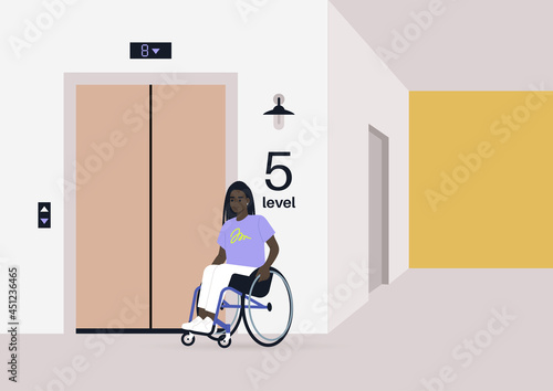 The young female Black character in a wheelchair waiting for the elevator, inclusion in daily life
