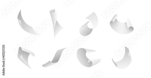 Flying papers. Blank white 3D paper sheet falling down. Curved corners pages flight different angles view with shadows. Scattered empty sheets. Office documents vector realistic isolated set