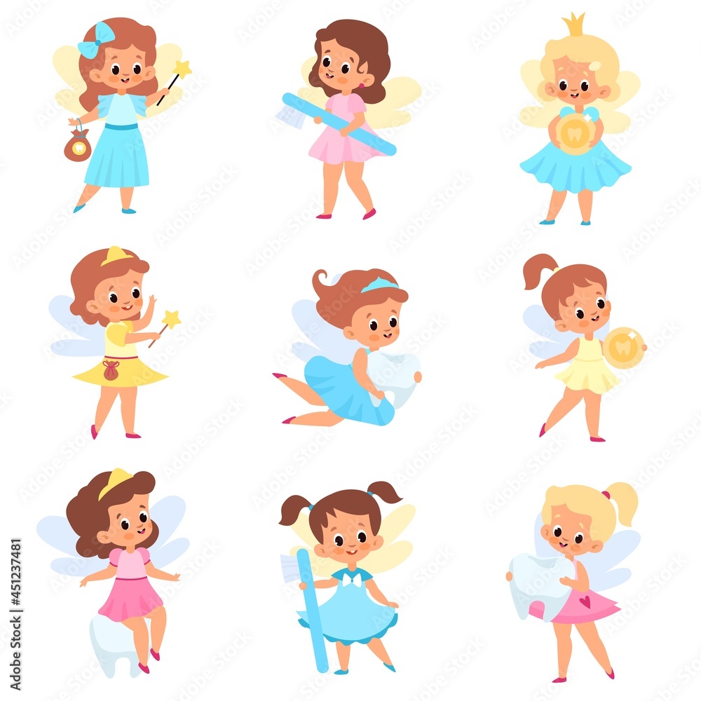 Tooth fairies. Cute little winged girls in different dresses with dental care accessories and teeth, baby stories, kids legends. Fabulous flying princesses. Vector cartoon flat isolated set