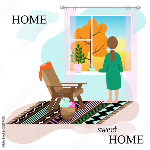 girl tea coffee house window chair carpet cat seasons autumn relax rest stay home