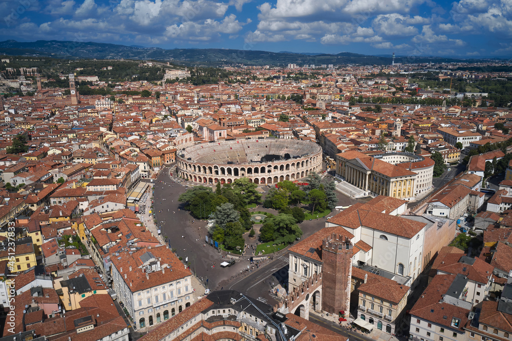 Fototapeta premium Verona, Italy aerial view of the historic city. Aerial panorama of the famous Piazza Bra in Verona. Monument to Unesco Arena di Verona in Italy top view.