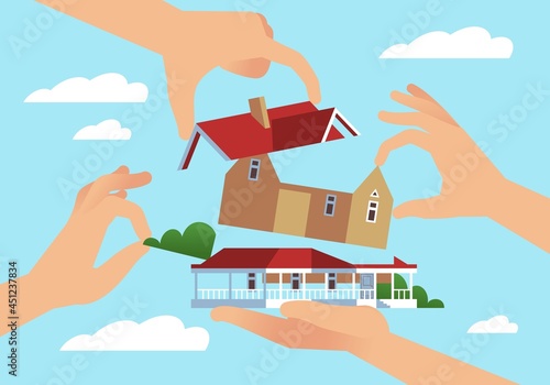 Own construction with your hands. Dream house. Architecture building from parts. Arms put floors and roof together. Cottage structure. Choice of home. Housing planning. Vector concept