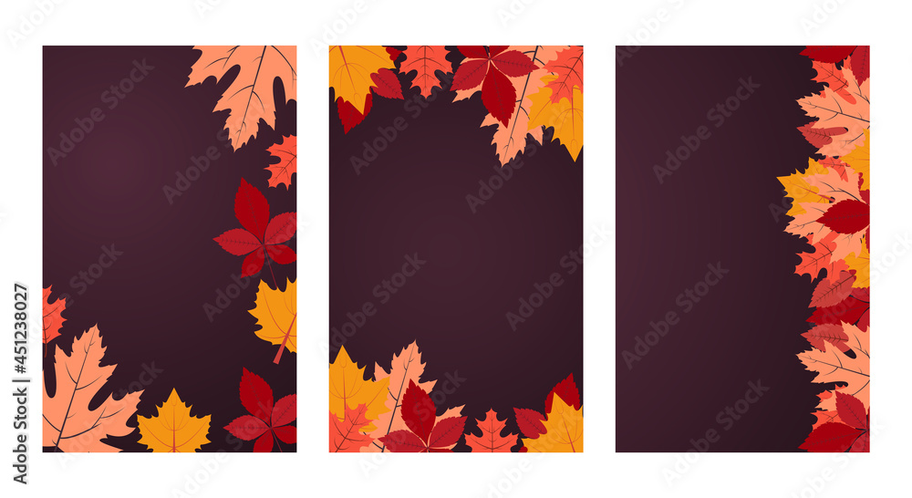 Autumn. Vector background collection with copy space. Three banners with autumn colorful leaves on dark purple backdrop. Flat design