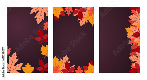 Autumn. Vector background collection with copy space. Three banners with autumn colorful leaves on dark purple backdrop. Flat design