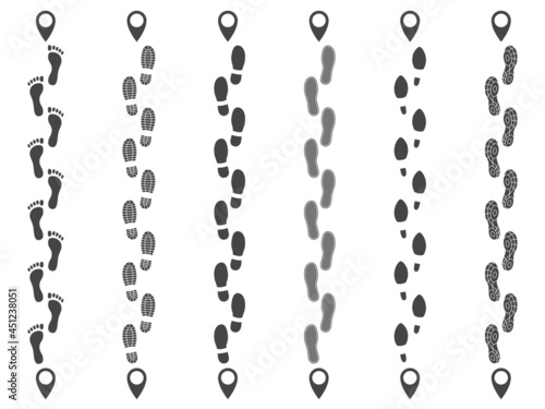 Footsteps routes tracking. Walking ways lines with gps tags, human shoes black steps prints, itinerary maps, starting point and destination. Boots and sneakers silhouettes vector isolated set