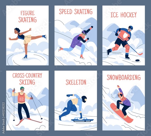 Winter sports cards. Ski and skating, snowboarding and hockey, people on ice rink, track and snow, professional athletes downhill skiing posters vector cartoon isolated set