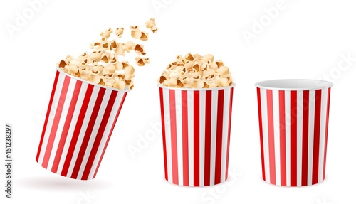 Realistic bucket popcorn. 3d corn snacks paper cups, striped red white packaging empty, full, and with flying flakes buckets, cinema salty and caramel fast food, dry souffles vector concept