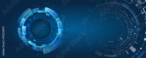 Futuristic composition of high-tech elements on a blue background. Computer technologies for presentation. Abstract technology background made from a circle and a circuit board.