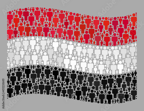 Mosaic waving Yemen flag designed of men icons. Vector people collage waving Yemen flag designed for national propaganda. Yemen flag collage is shaped of random men icons. photo