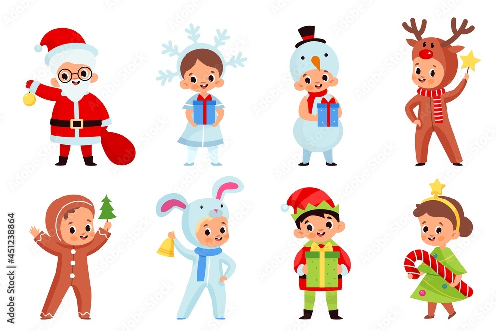 Kids hold christmas gifts. Smiling boys and girls in new year holiday costumes with different presents and xmas elements. Santa claus, deer and elf, Vector cartoon flat style isolated set