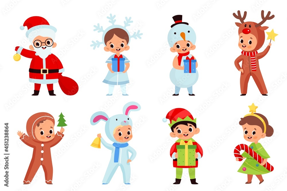 Kids hold christmas gifts. Smiling boys and girls in new year holiday costumes with different presents and xmas elements. Santa claus, deer and elf, Vector cartoon flat style isolated set Kids hold christmas gifts. Smiling boys and girls in new year holiday costumes with different presents and xmas elements. Santa claus, deer and elf, Vector cartoon flat style isolated set