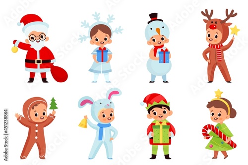 Kids hold christmas gifts. Smiling boys and girls in new year holiday costumes with different presents and xmas elements. Santa claus  deer and elf  Vector cartoon flat style isolated set