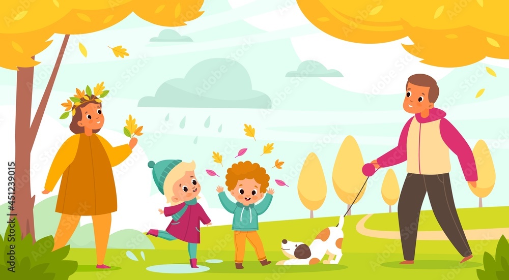 Fototapeta premium Autumn park family. Parents with children walk with dog outdoor activity, people and pet, mom and dad, son and daughter walking among yellow trees with falling orange leaves vector concept