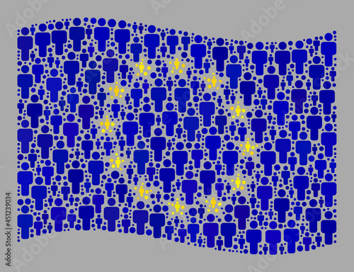 Mosaic waving Europe flag created of man items. Vector population collage waving Europe flag designed for social posters. Europe flag collage is designed with random man icons.