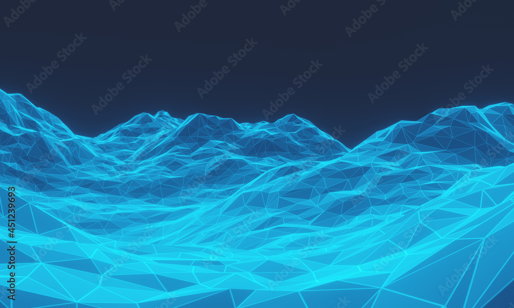 3D low polygon topographic mountain. Blue terrain.
