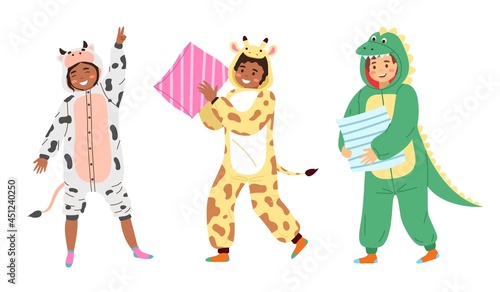 Kids animal pajamas. Smiling boys and girls in overalls. Cow, giraffe and dragon funny costumes, clothes with animalistic prints or kigurumi sleepwear for party. Vector cartoon set