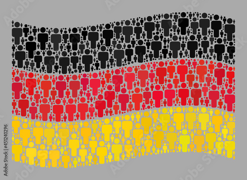Mosaic waving Germany flag designed with human icons. Vector demographic collage waving Germany flag designed for social advertisement. Germany flag collage is designed from scattered crowd icons.
