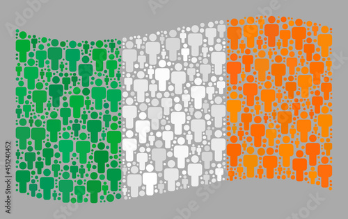 Mosaic waving Ireland flag designed of crowd items. Vector population collage waving Ireland flag designed for political applications. Ireland flag collage is formed of random man items.
