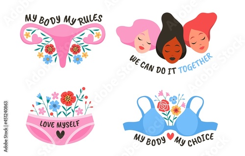 Power girl. Female movement feminist symbols. Hand drawn stickers, women society and solidarity, activist motivation slogan, bright inspiration card or poster vector cartoon isolated set