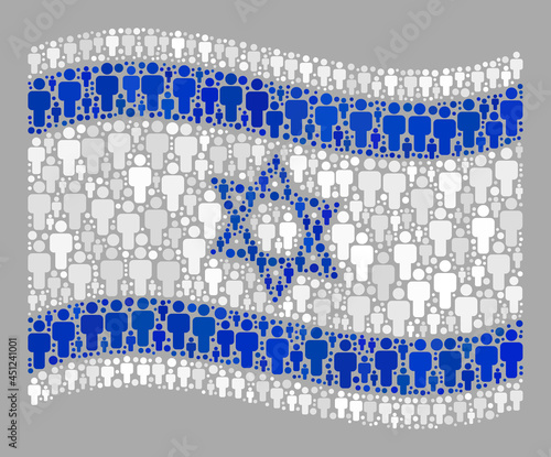 Mosaic waving Israel flag designed of crowd items. Vector demographic collage waving Israel flag constructed for political advertisement. Israel flag collage is done of randomized men items.
