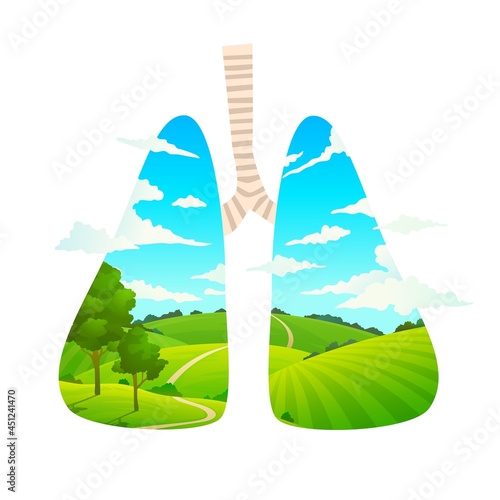 Breathe fresh air. Forest is lungs of planet. Cartoon nature landscape. Scenic green field and clear sky. Care of environment. Ecology protection emblem. Vector healthy breathing concept