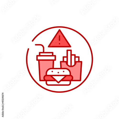 Caution junk food color line icon. Cause diseases gastric tract.
