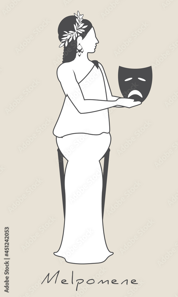 Girl wearing laurel wreath, dressed in ancient Greek style, holding a theatrical mask of tragedy. Greek mythology. Muse Melpomene. Isolated on white background. Girl wearing laurel wreath, dressed in ancient Greek style, holding a theatrical mask of tragedy. Greek mythology. Muse Melpomene. Isolated on white background.