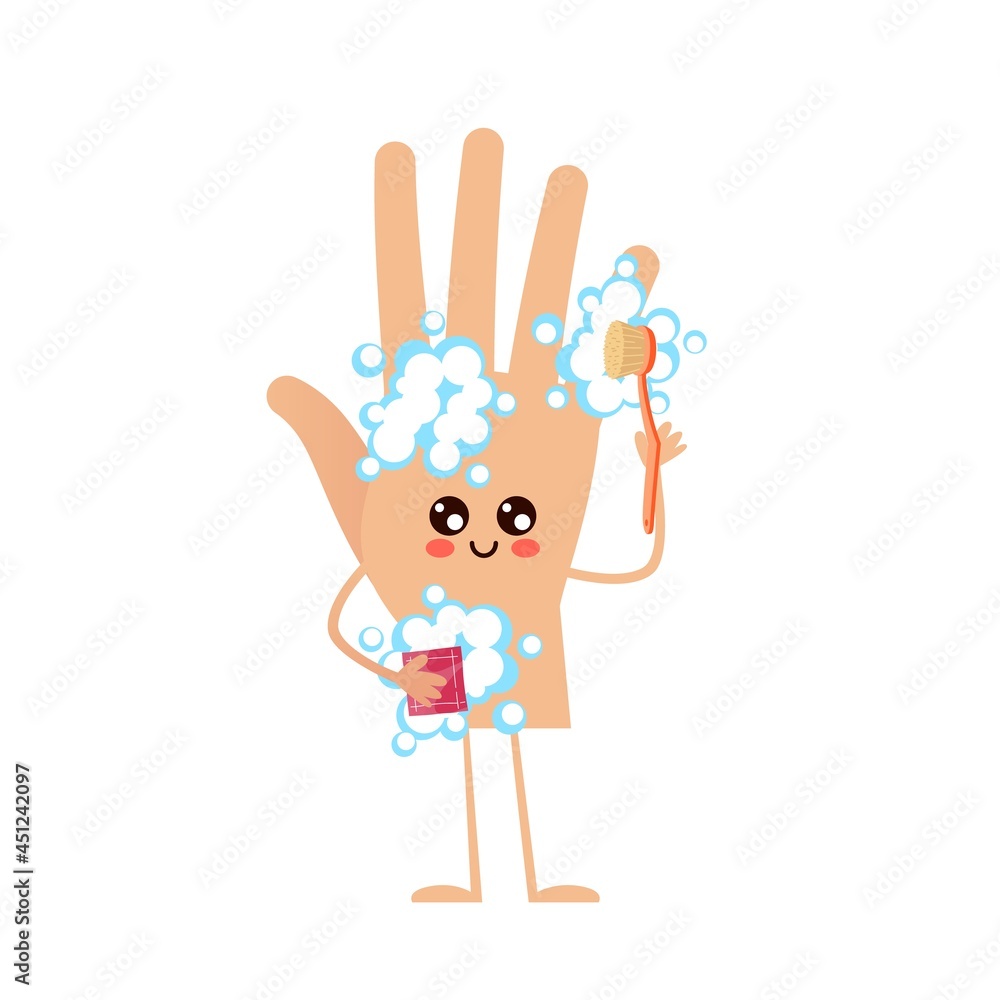 Hand washes arm. Human body part cleaning itself with soap foam and brush. Hygiene mascot. Isolated character with cute face and limbs. Health care or illness prevention. Vector concept Hand washes arm. Human body part cleaning itself with soap foam and brush. Hygiene mascot. Isolated character with cute face and limbs. Health care or illness prevention. Vector concept