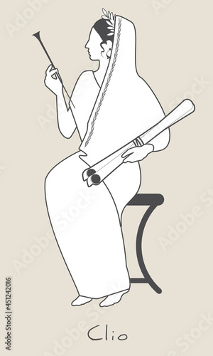 Girl wearing a laurel wreath and veil, dressed in the ancient Greek style, carrying a small trumpet and some scrolls. Greek mythology. Muse Clio. Isolated on white background.