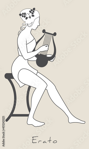 Girl wearing flowers in her hair, dressed in the ancient Greek style, playing the cithara. Greek mythology. Muse Erato. Isolated on white background.