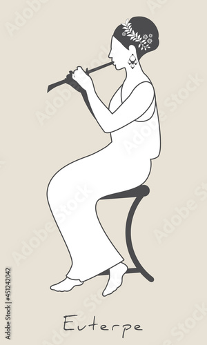 Girl wearing flowers and leaves in her hair, dressed in the ancient Greek style, playing the flute. Greek mythology. Muse Euterpe. Isolated on white background.