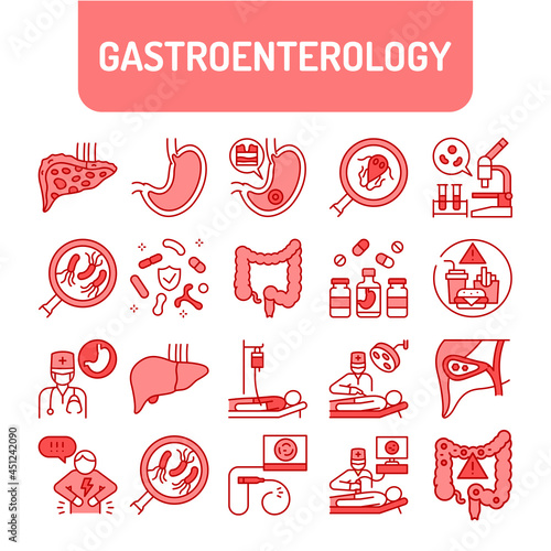 Gastroenterology color line icons set. Abdominal medical examination.